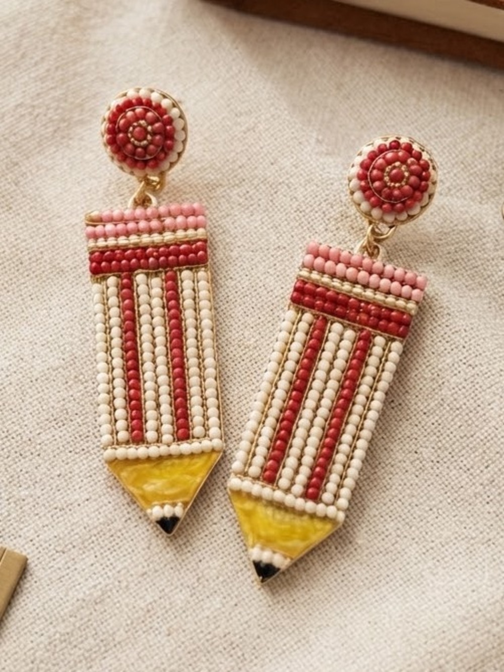 Beaded Fringe Drop Earrings in Pink, Red & Cream with Gold Accents Pencil Teach